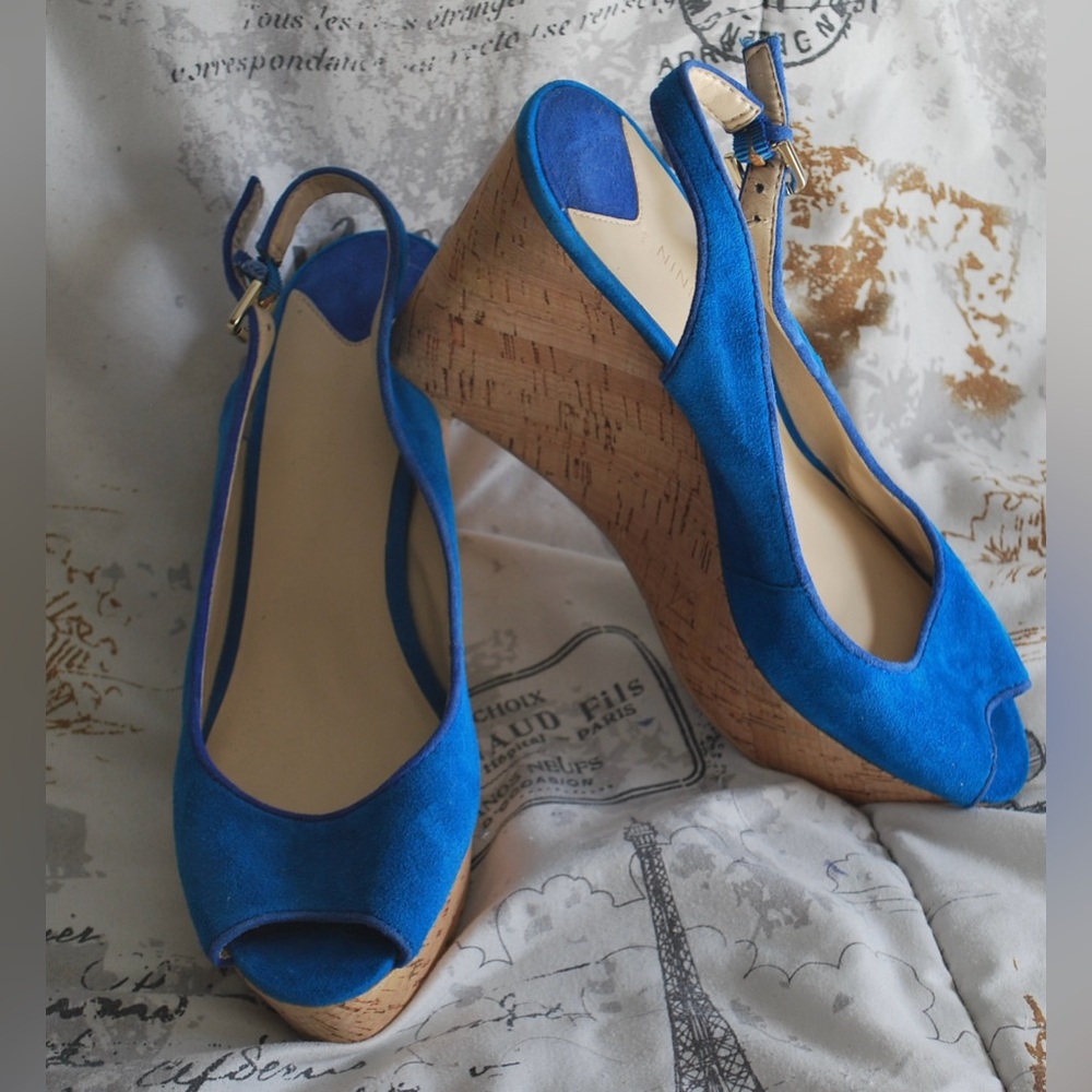 Nice! Nine West Chabon Blue Leather Cork Wedges